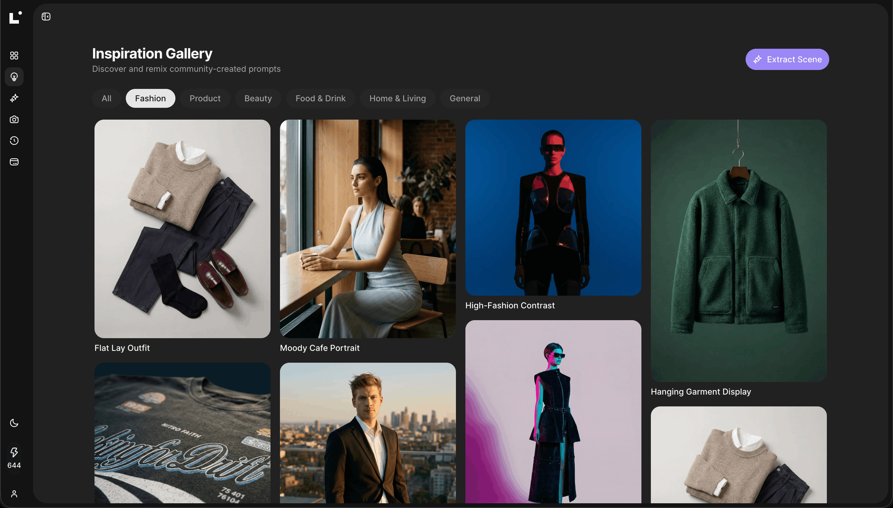 Loomenia template gallery showing fashion-specific product photography templates — flat lay on marble, minimalist studio, seasonal themes