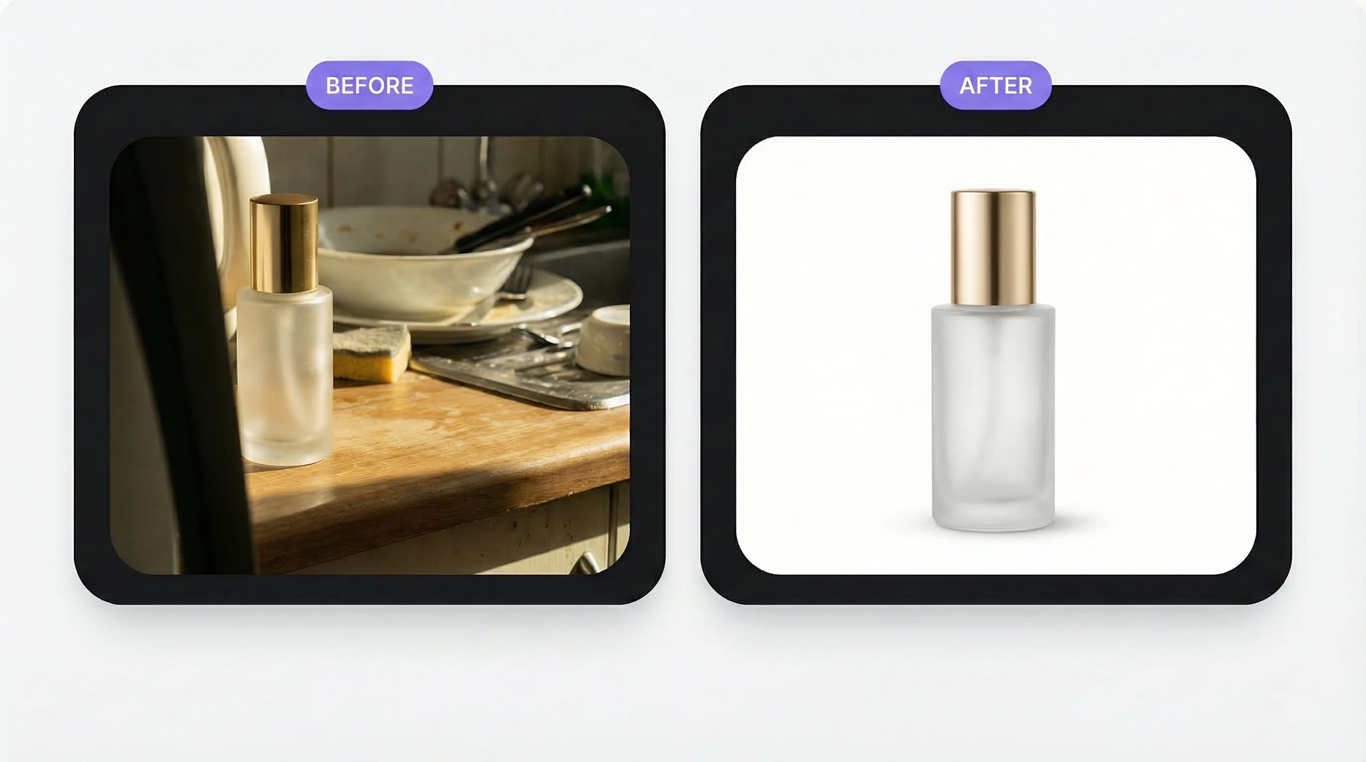 Bad vs. good e-commerce product photo - harsh shadows and clutter vs. clean studio quality