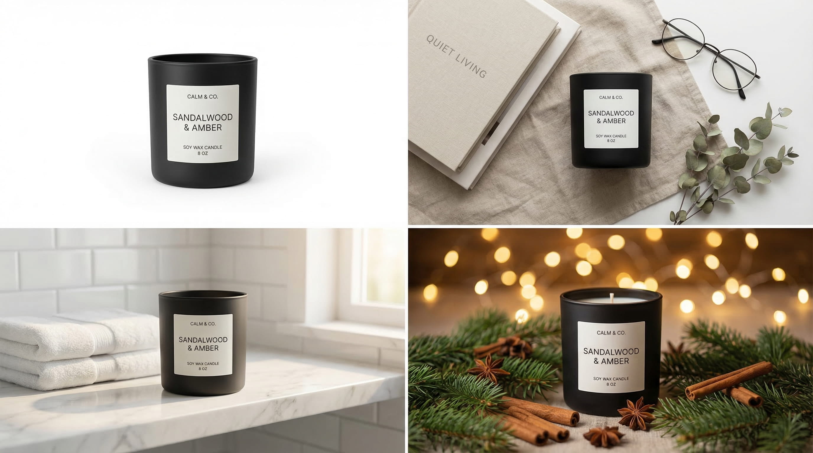 Same product in four e-commerce photo styles - white background, flat lay, lifestyle, and seasonal