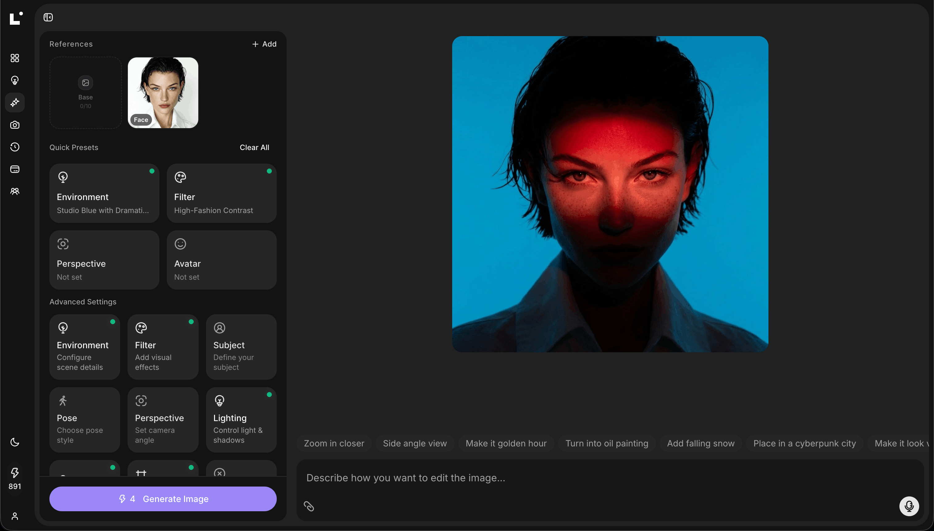 Loomenia AI Image Studio interface — upload a product photo, choose a scene, and generate in seconds