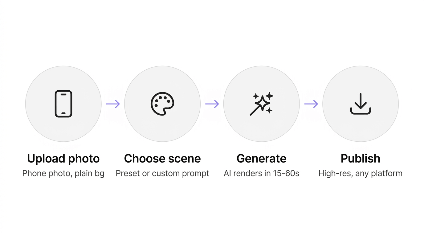 How virtual product photography works — 4-step process from phone photo to published listing
