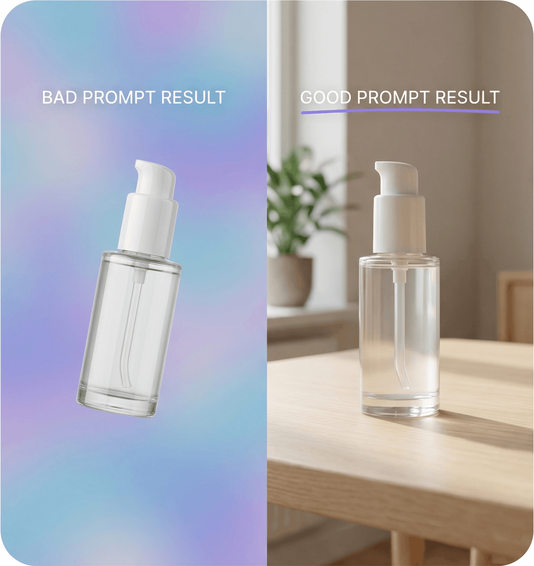 Bad prompt vs good prompt — vague descriptions produce generic results, specific prompts produce professional product images